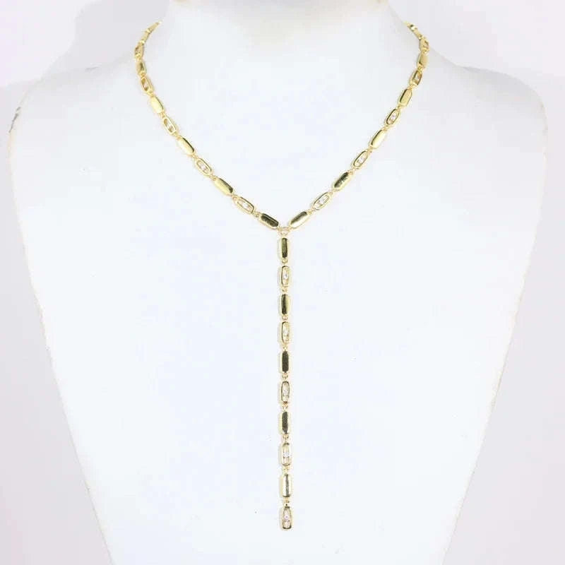 Geometric CZ Tennis Chain Y Lariat Necklace for Women – Elegant Choker Style-N482 gold