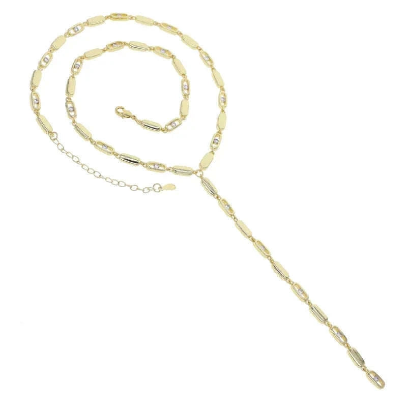 Geometric CZ Tennis Chain Y Lariat Necklace for Women – Elegant Choker Style-N482 gold