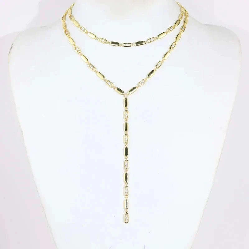 Geometric CZ Tennis Chain Y Lariat Necklace for Women – Elegant Choker Style-N482 gold