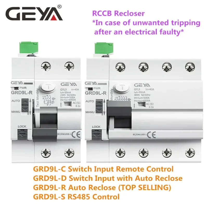 GEYA GRD9L‑R Automatic Reclosing RCD Circuit Breaker-RCCB-2P-40A-30mA / spain / GRD9L-R-AC220V
