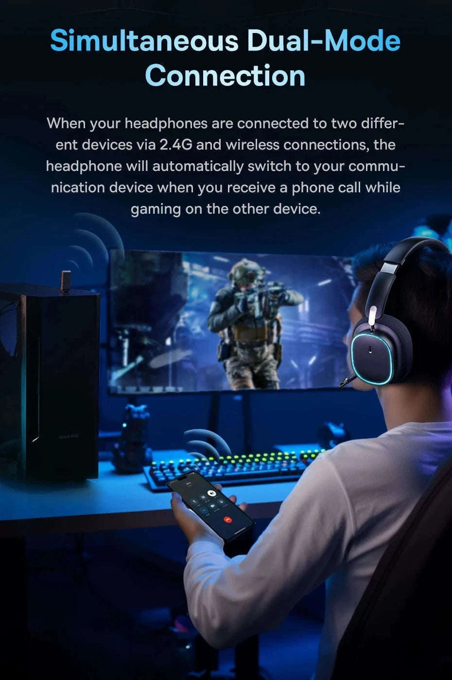 GH02 Gaming Wireless Headphone with Mic, Bluetooth 5.3, 40mm Driver, 2.4G/Wireless/Wired, RGB-Black / spain