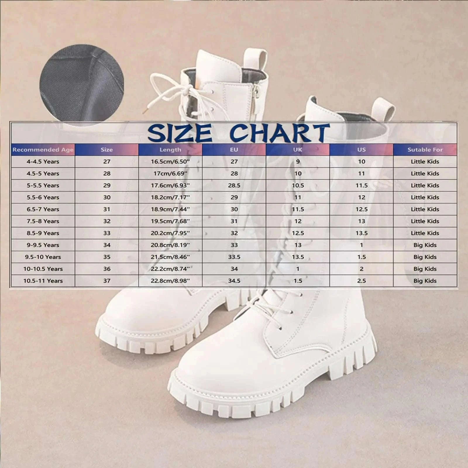 Girls Winter Boots with Side Zipper and Punk Style-White / 31