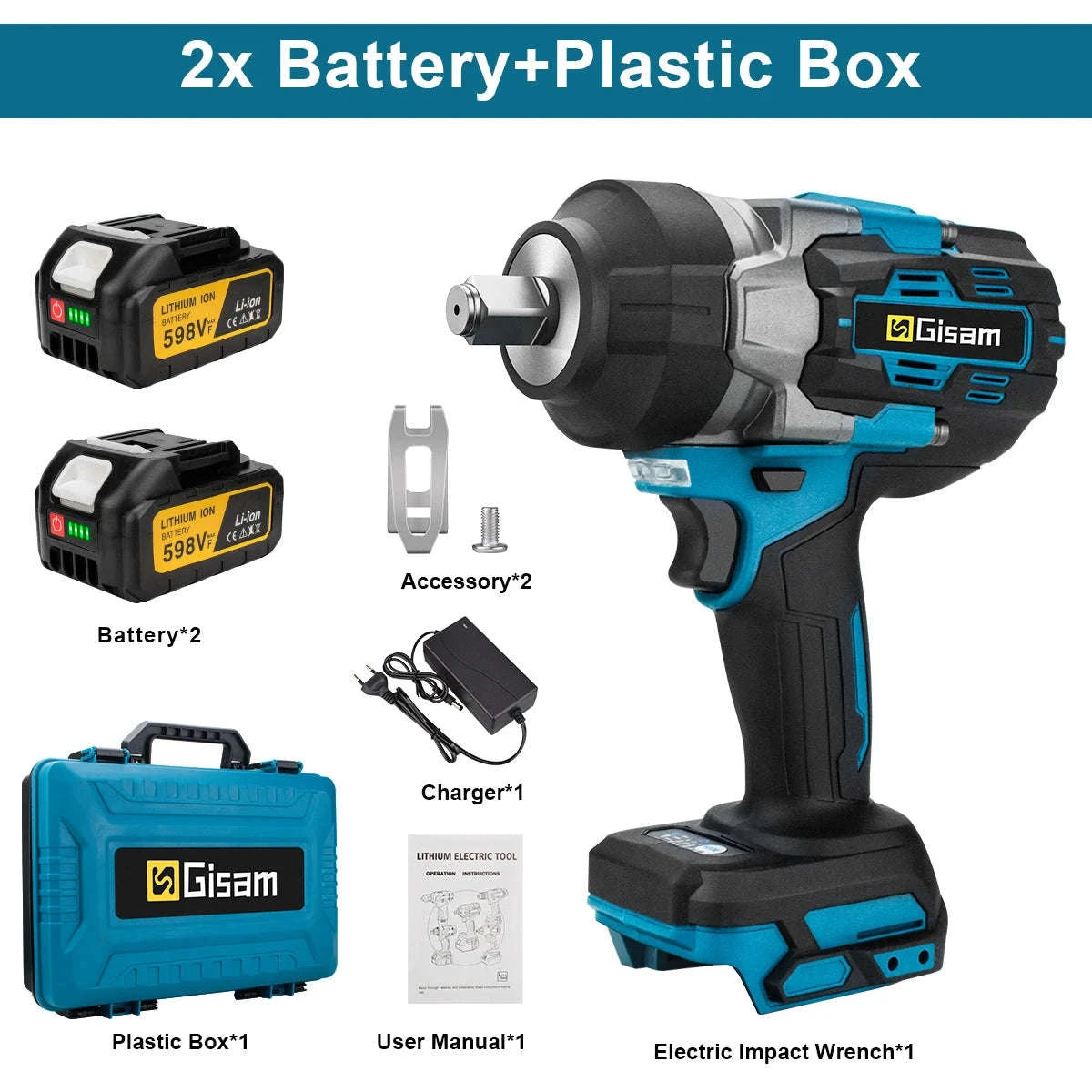 Gisam 2800N.M Brushless Electric Wrench for Makita 18V Batteries-2 Battery Plasticbox / GERMANY