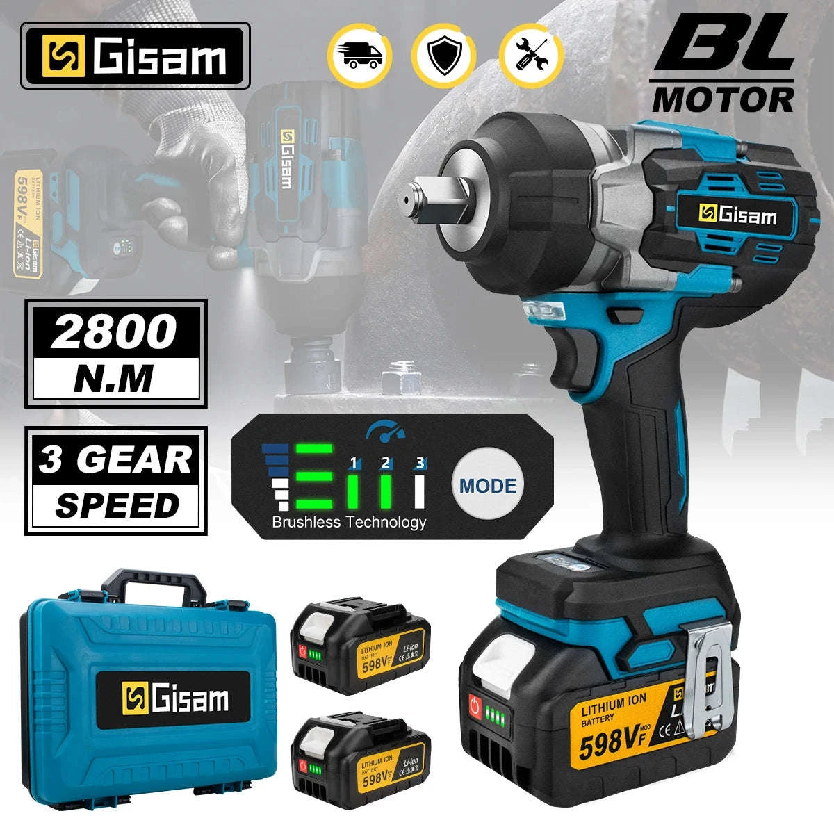 Gisam 2800N.M Brushless Electric Wrench for Makita 18V Batteries-2 Battery Plasticbox / GERMANY