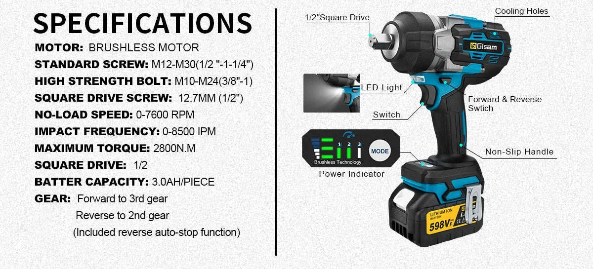 Gisam 2800N.M Brushless Electric Wrench for Makita 18V Batteries-2 Battery Plasticbox / GERMANY