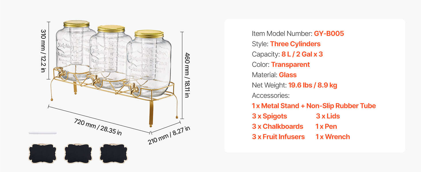 Glass Beverage Dispenser with Metal Stand-3x2gal / United States