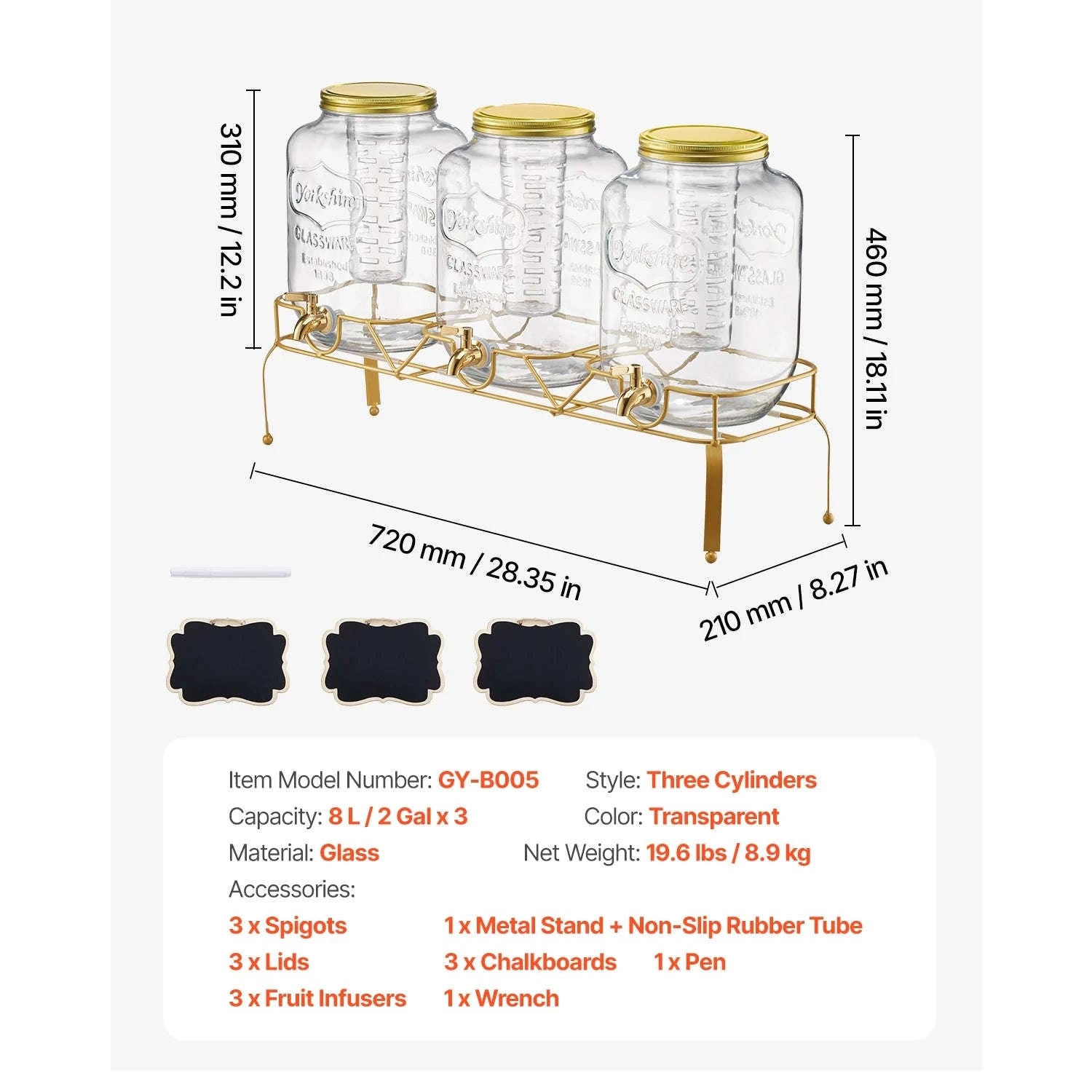 Glass Beverage Dispenser with Metal Stand-3x2gal / United States