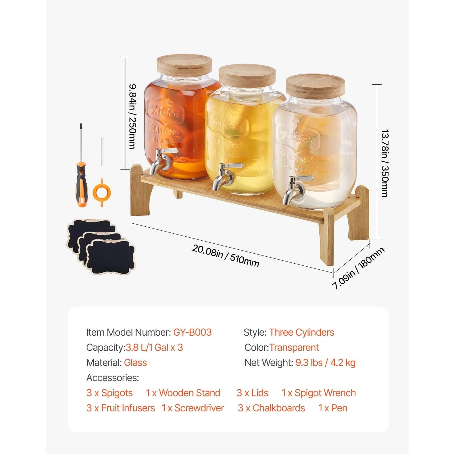 Glass Beverage Dispenser with Metal Stand-3x2gal / United States