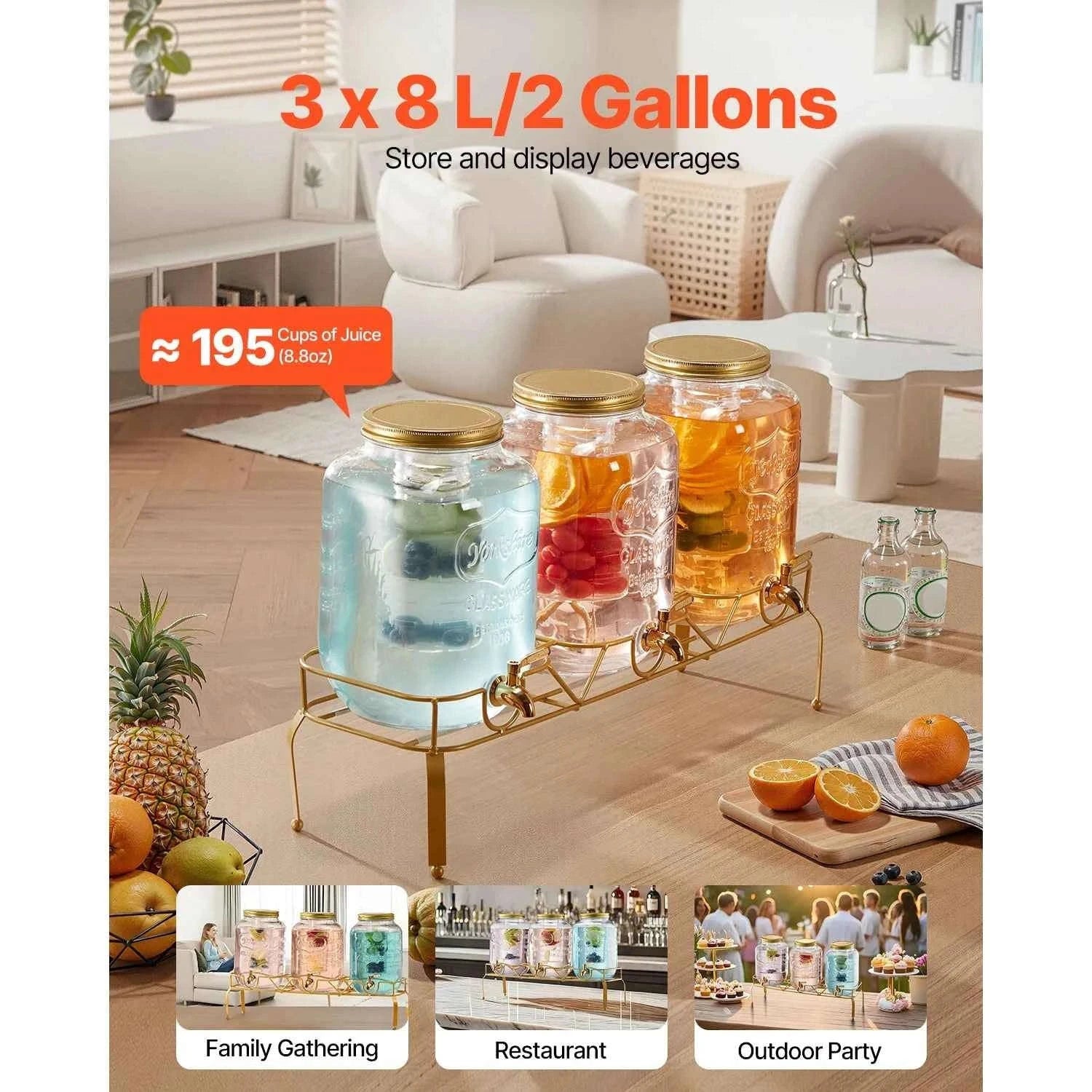 Glass Beverage Dispenser with Metal Stand-3x2gal / United States