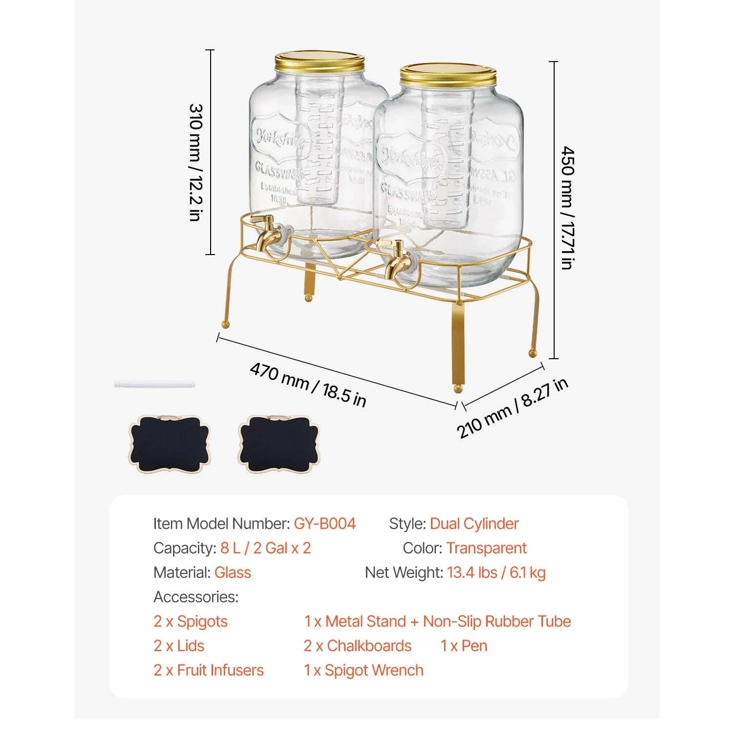 Glass Beverage Dispenser with Wood Stand and Spigot-2x2gal / United States