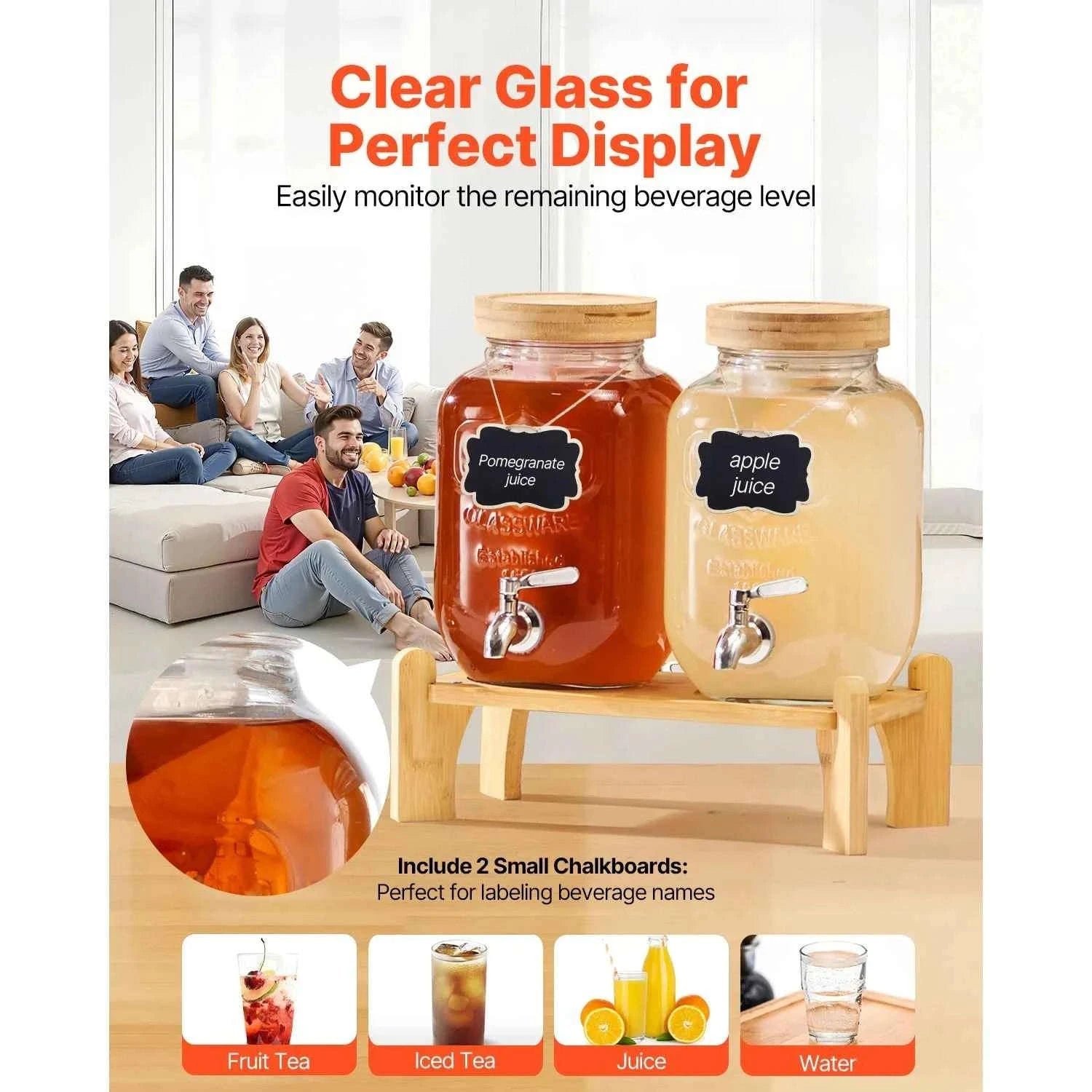 Glass Beverage Dispenser with Wood Stand and Spigot-2x2gal / United States