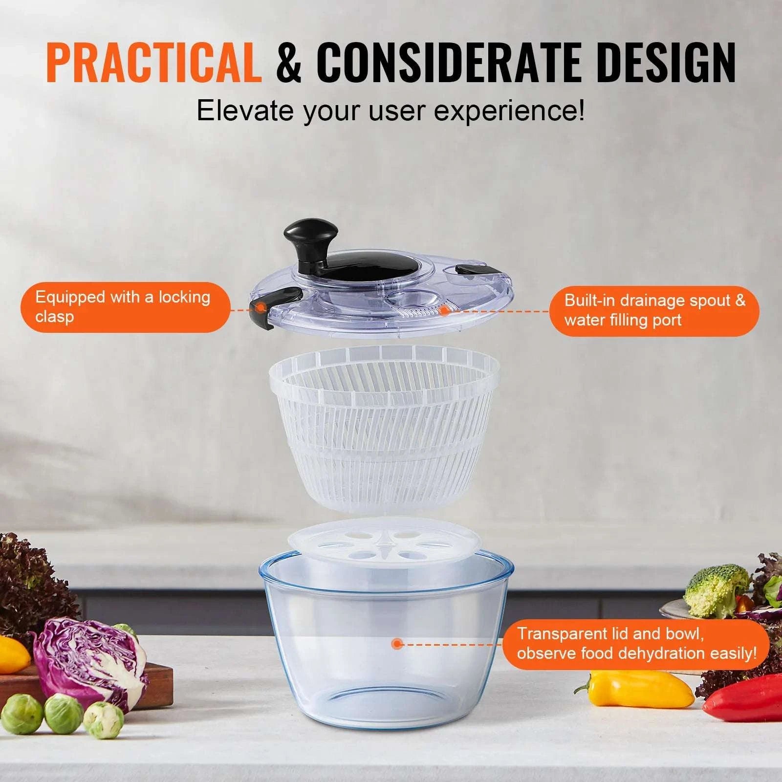 Glass Salad Spinner 4.5L One-Hand Press Vegetable Dryer Bowl-CZECH REPUBLIC