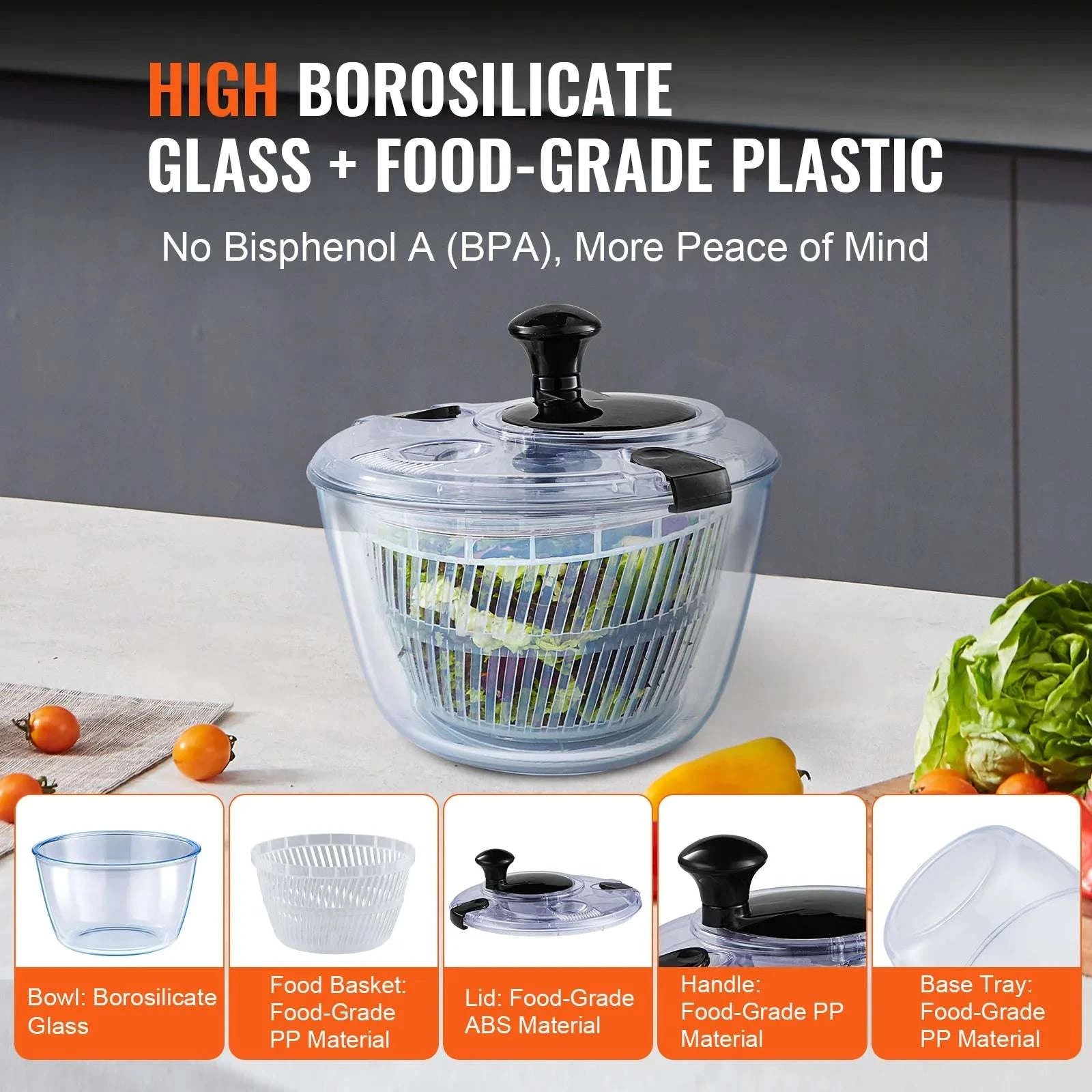Glass Salad Spinner 4.5L One-Hand Press Vegetable Dryer Bowl-CZECH REPUBLIC