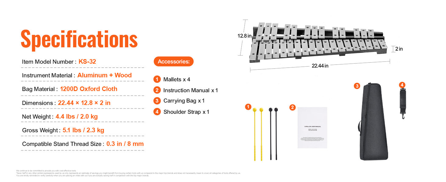 32 Note Glockenspiel Xylophone Kit with Stand, Mallets & Bag