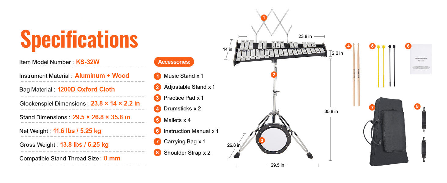 32 Note Glockenspiel Xylophone Kit with Stand, Mallets & Bag