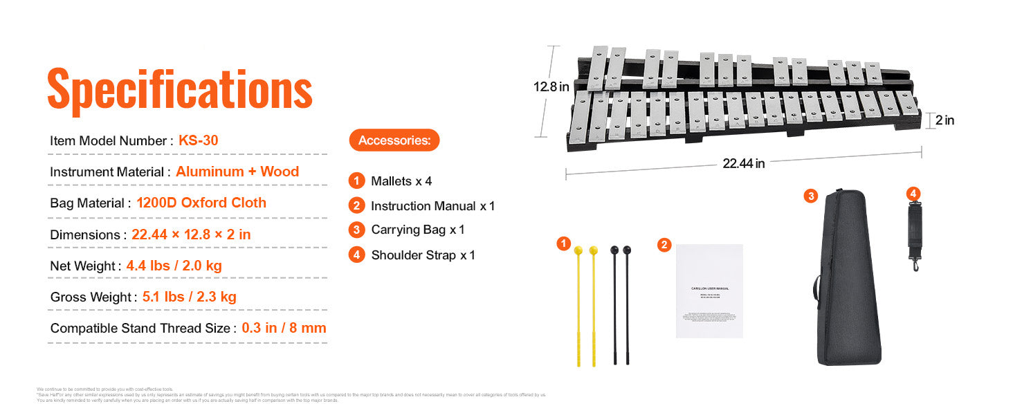 30-Note Glockenspiel Xylophone Bell Kit with Bag & Mallets