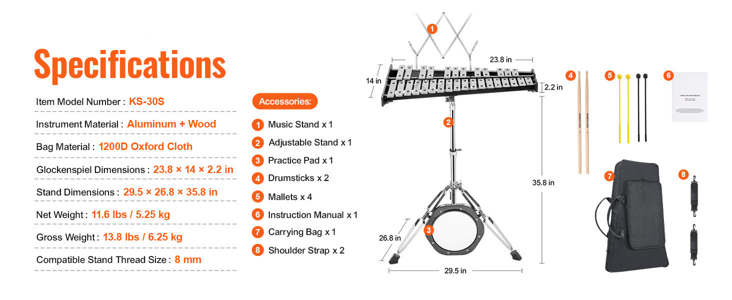 30-Note Glockenspiel Xylophone Bell Kit with Bag & Mallets