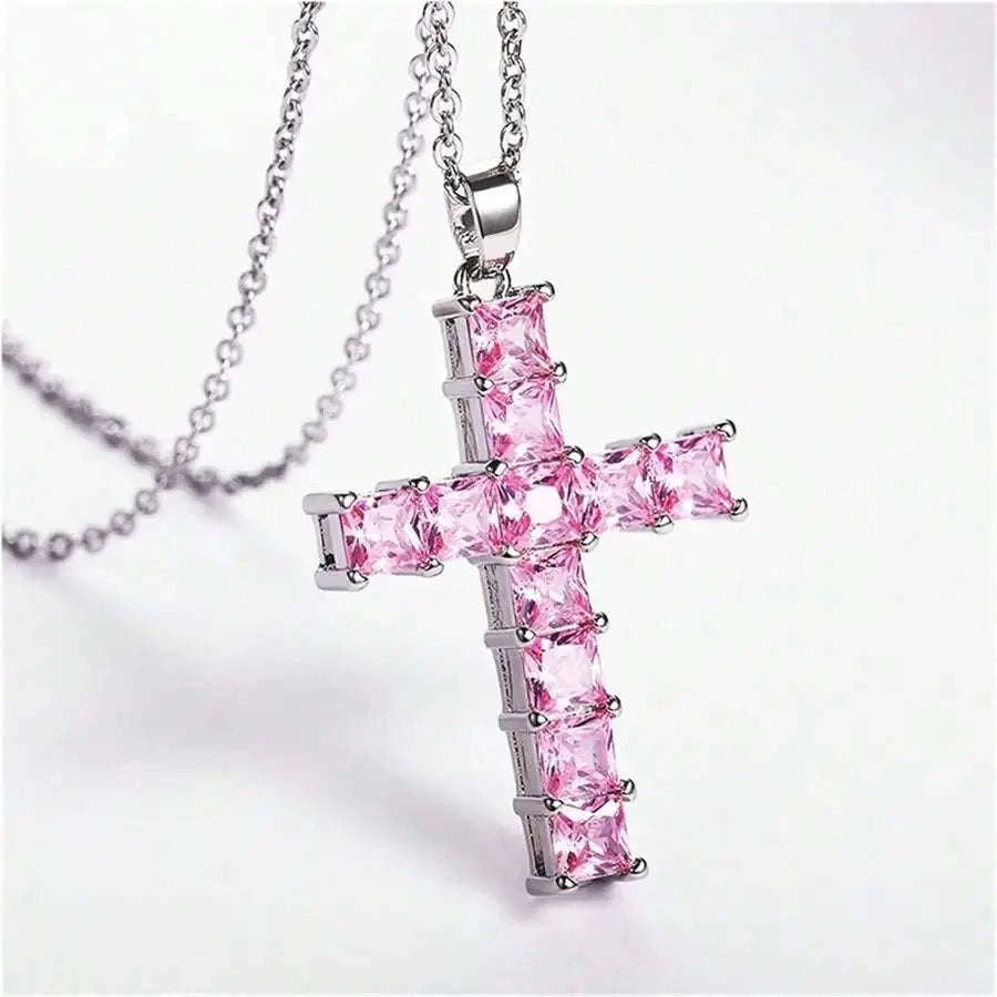 Gold Cross Pendant Necklace with Multi‑Color Crystal Charm-Sliver White