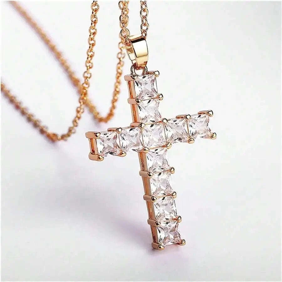 Gold Cross Pendant Necklace with Multi‑Color Crystal Charm-Sliver White
