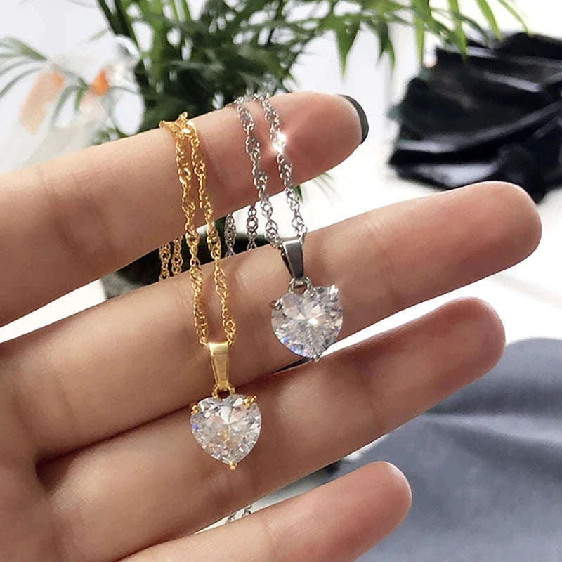 Gold Plated Zircon Heart Necklace for Women-45cm / N01653G