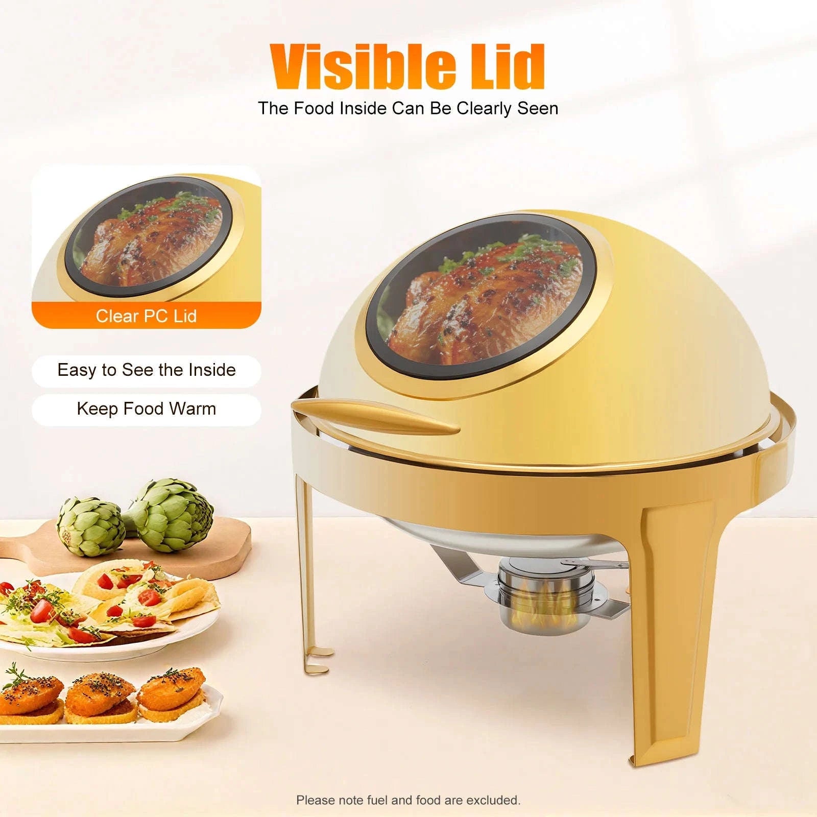 Gold Round Roll Top Chafing Dish 6L Stainless Steel Buffet Warmer with Visual Lid-Gold / United States