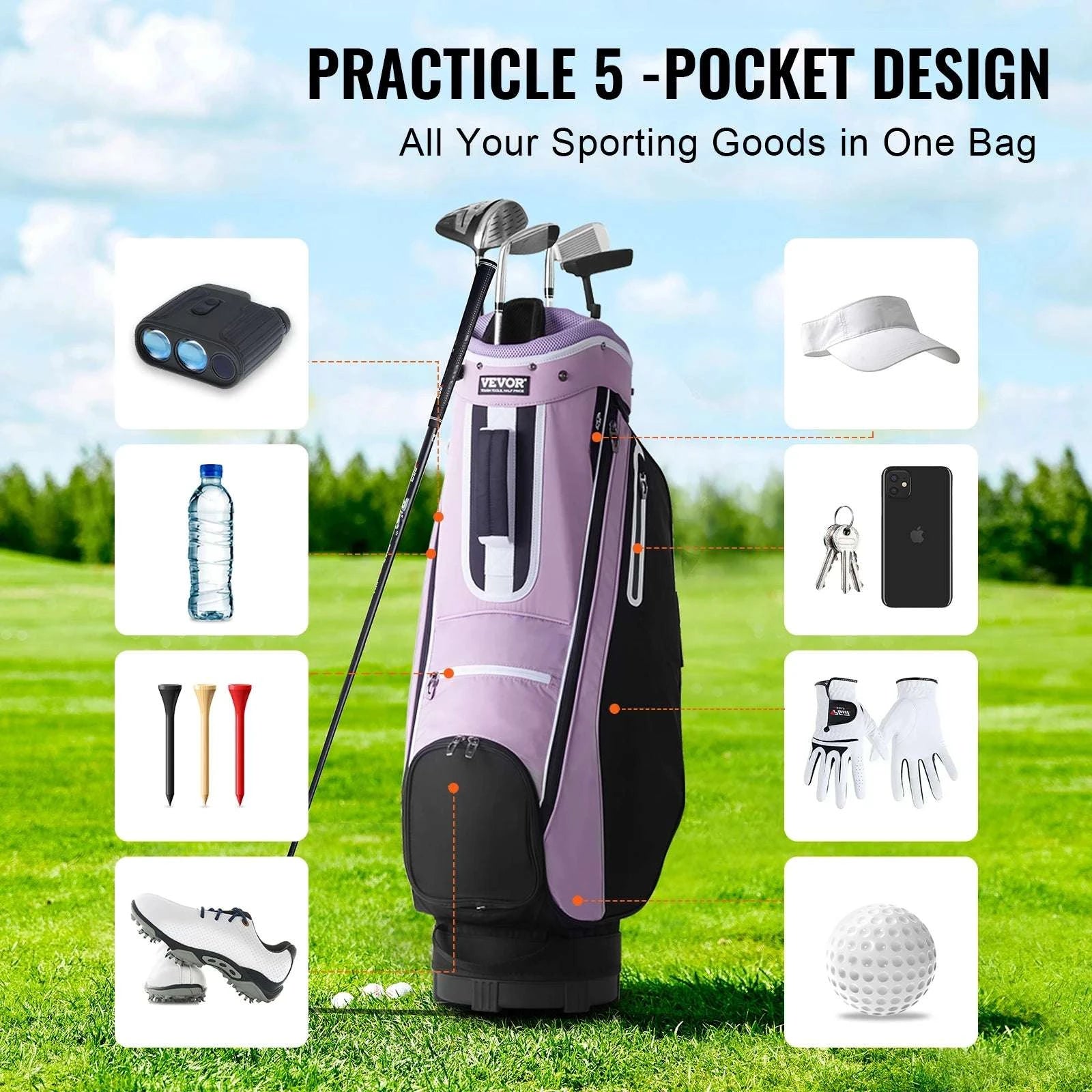 Golf Cart Bag with 14-Way Divider and Multiple Storage Pockets-Purple / UNITED KINGDOM