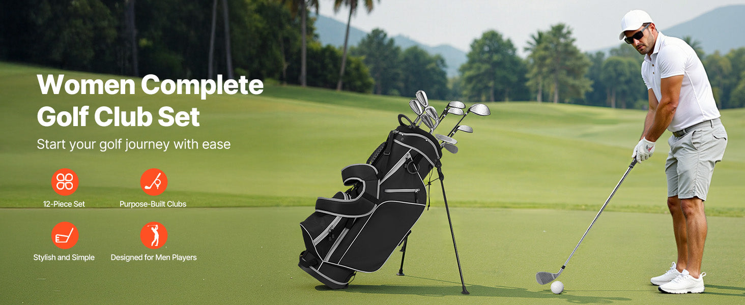 SucceBuy Golf Club Set 12 Pieces Right Handed with 460CC #1 Driver #3 & 5 Fairway Wood #4 Hybrid #5/#6/#7/#8/#9/#PW/#SW Irons