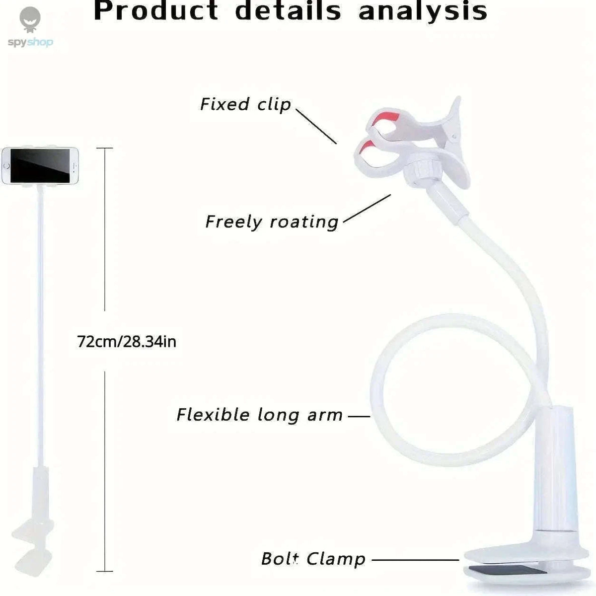 Gooseneck Phone Holder with Strong Clamp and Flexible Arm-white