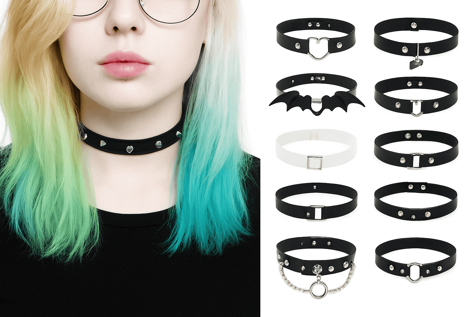 Gothic Chain Choker Necklace with PU Leather and Adjustable Fit-Long Rivet