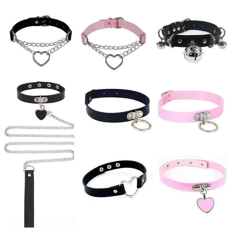 Gothic PU Leather Collar with Heart Pendant and Leash-Leash black