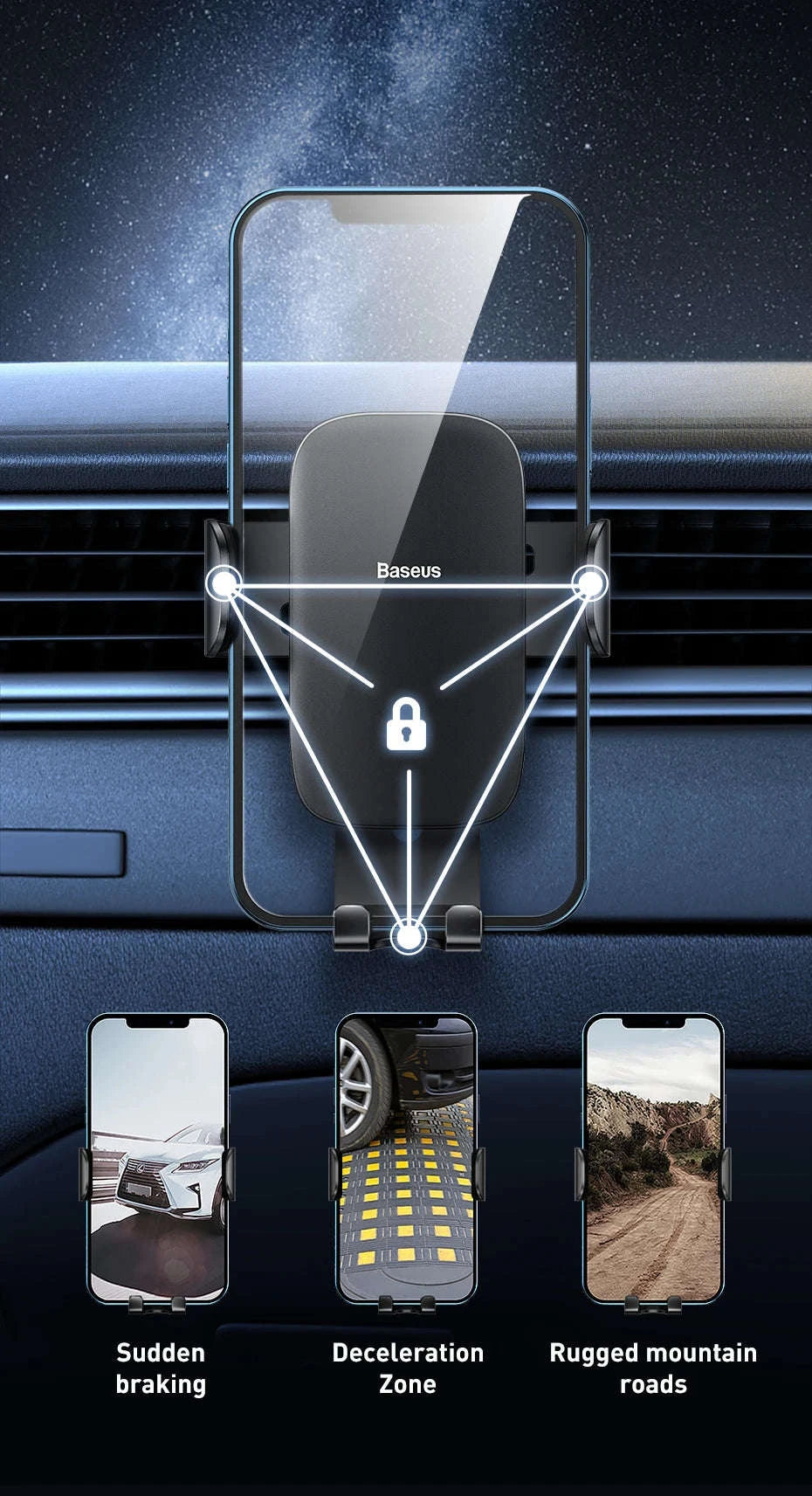 Gravity Car Phone Holder Air Vent Mount for 4.7–6.5 Inch Phones-Air Vent Black
