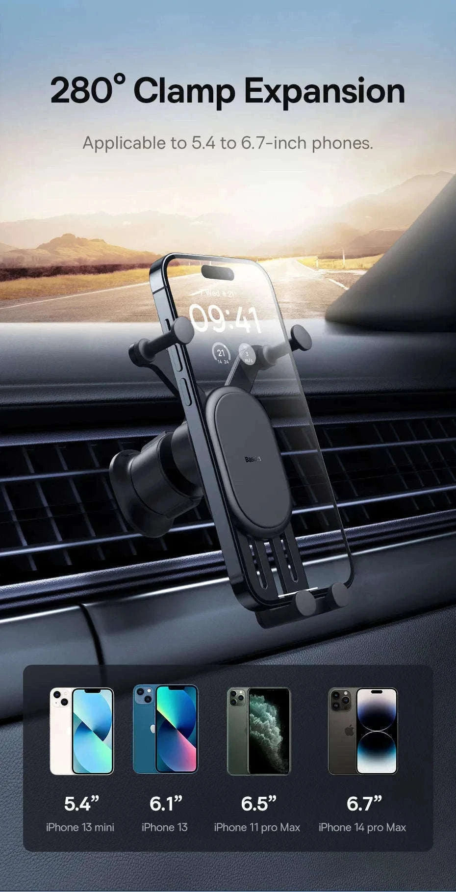 Gravity Car Phone Holder Air Vent Mount with Auto Clamp Grip-Black