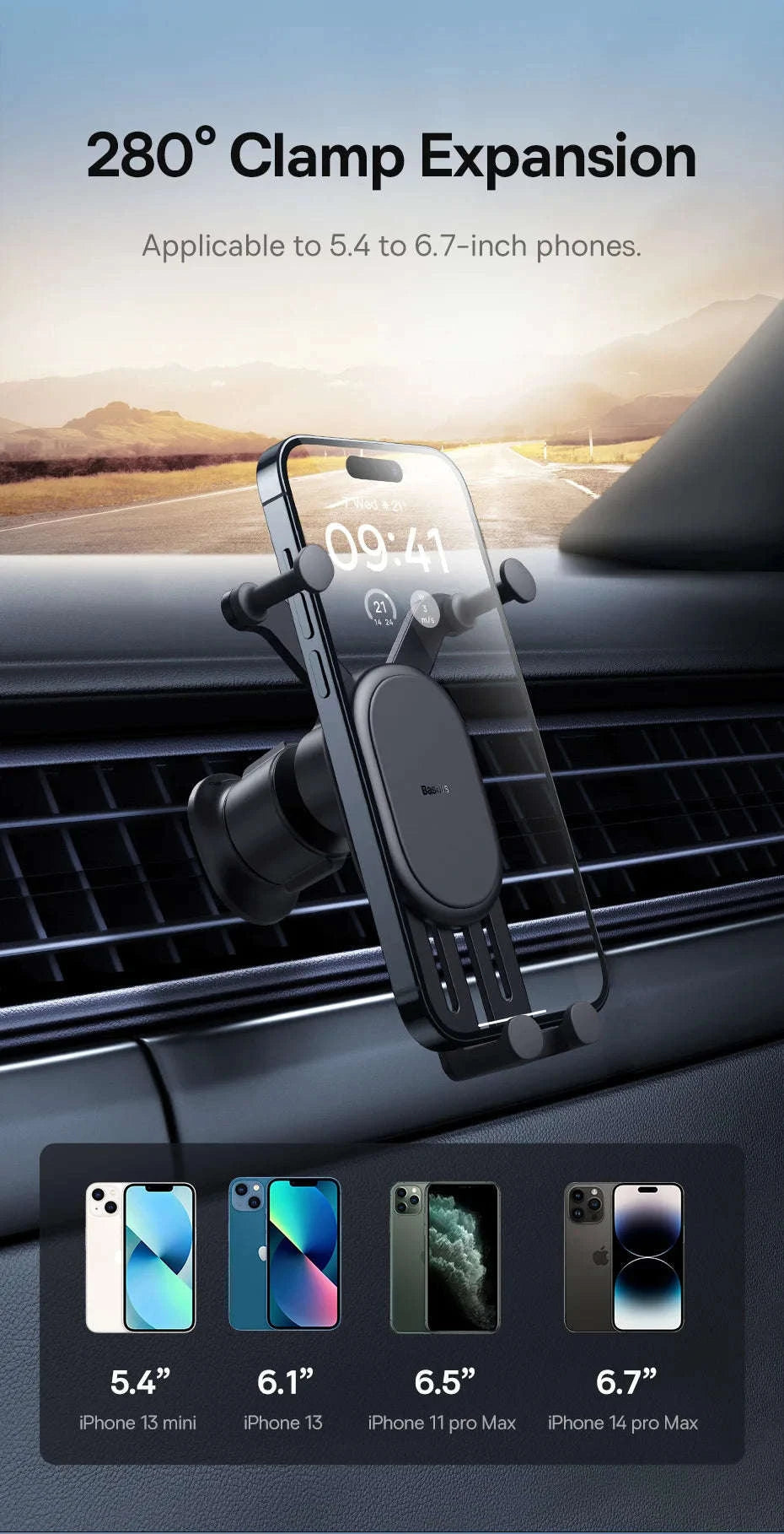 Gravity Car Phone Holder Air Vent Mount with Auto Clamp Grip-Black