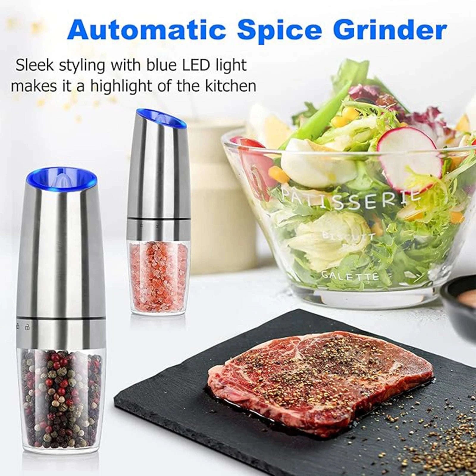 Gravity Electric Salt and Pepper Grinder with LED Light, One-Hand Operation-1pc / United States