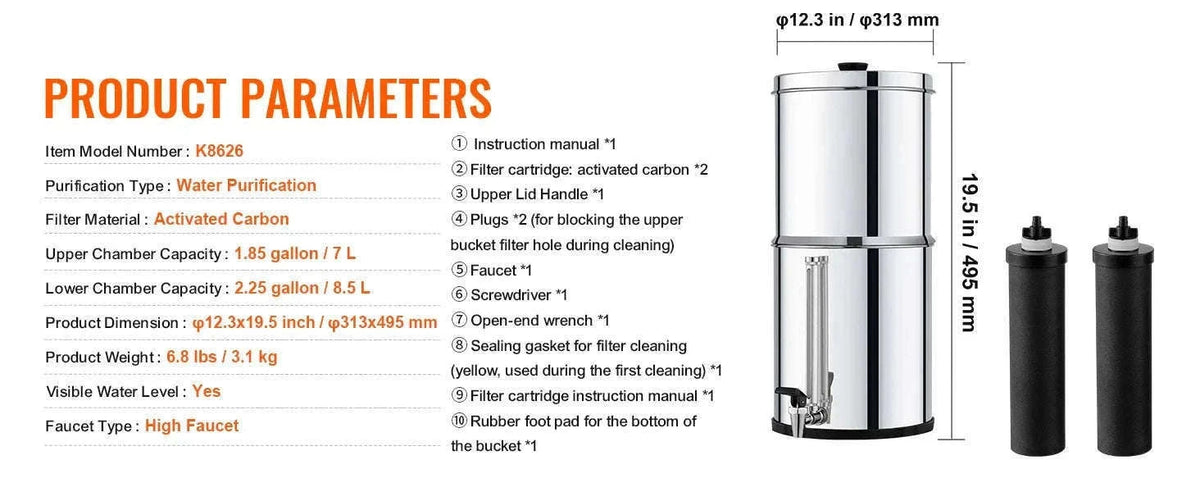 Gravity-Fed Stainless Steel Water Filter System with 2 Carbon Filters-2.25 gallon / france
