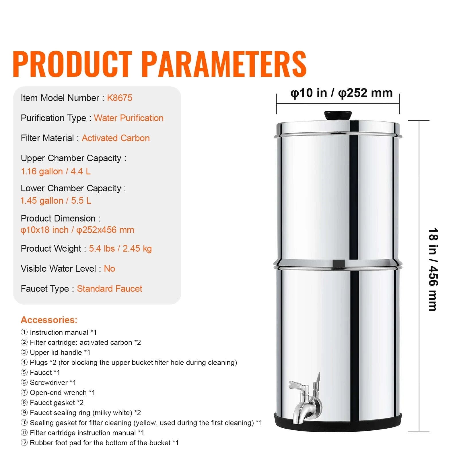 Gravity-Fed Stainless Steel Water Filter System with 2 Carbon Filters-2.25 gallon / france