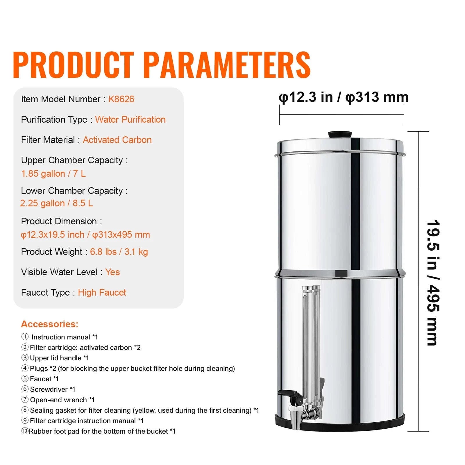 Gravity-Fed Stainless Steel Water Filter System with 2 Carbon Filters-2.25 gallon / france