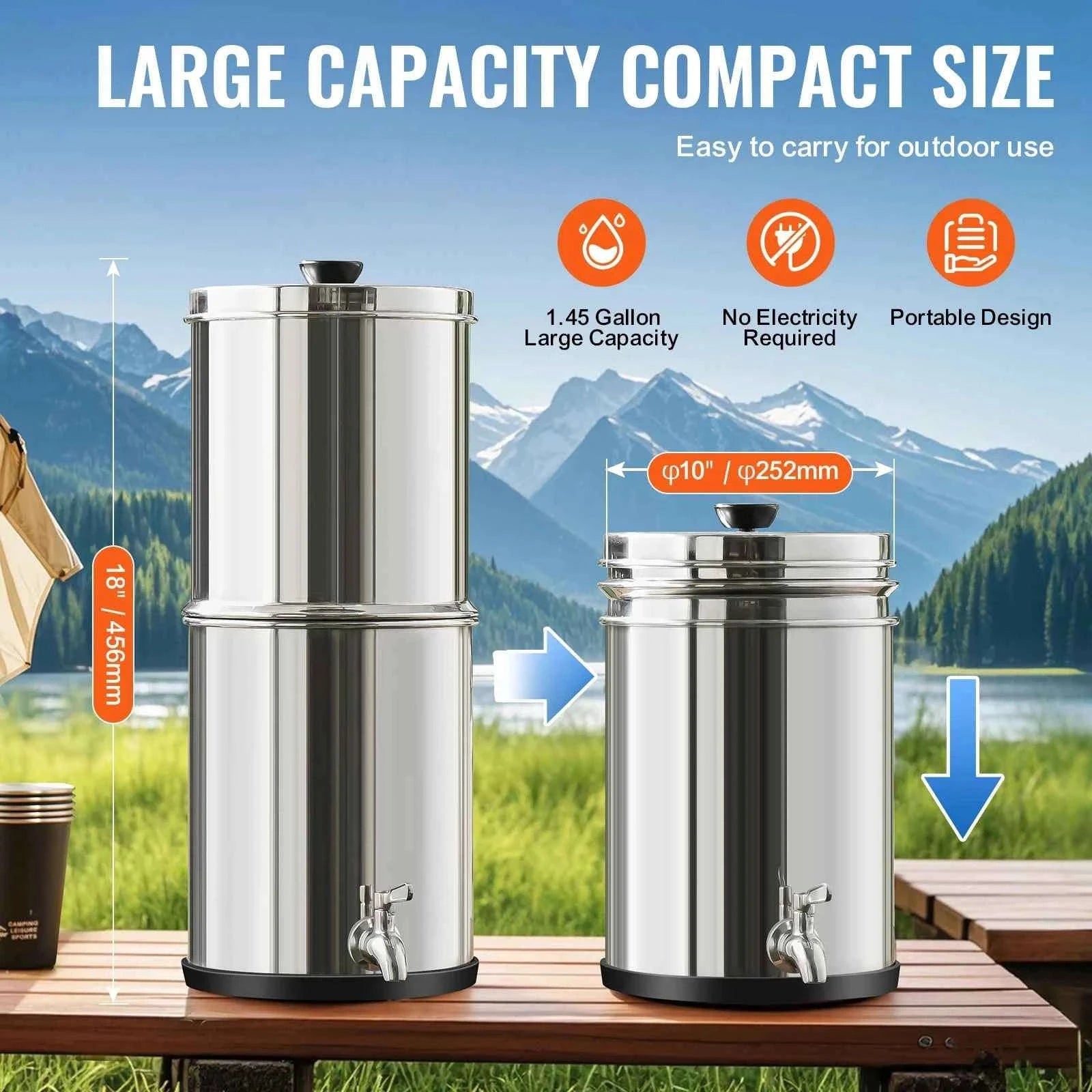 Gravity-Fed Stainless Steel Water Filter System with 2 Carbon Filters-2.25 gallon / france