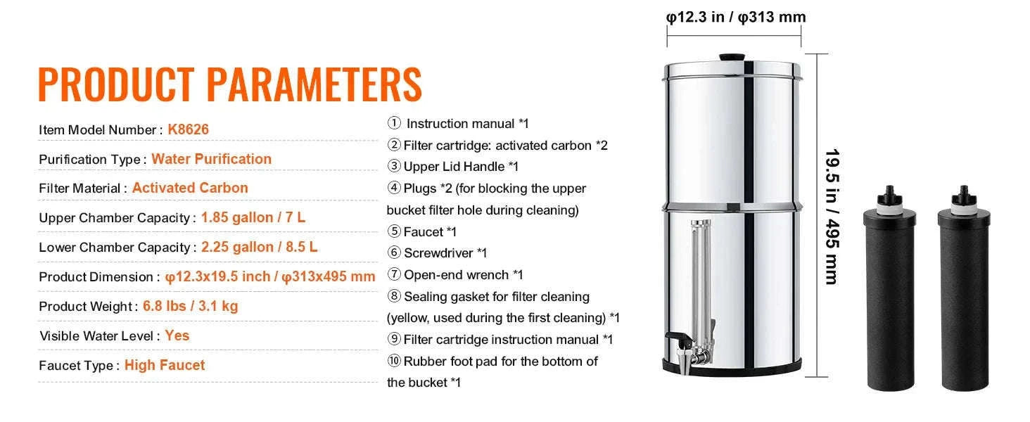 Gravity-Fed Stainless Steel Water Filter System with 2 Carbon Filters-2.25 gallon / france