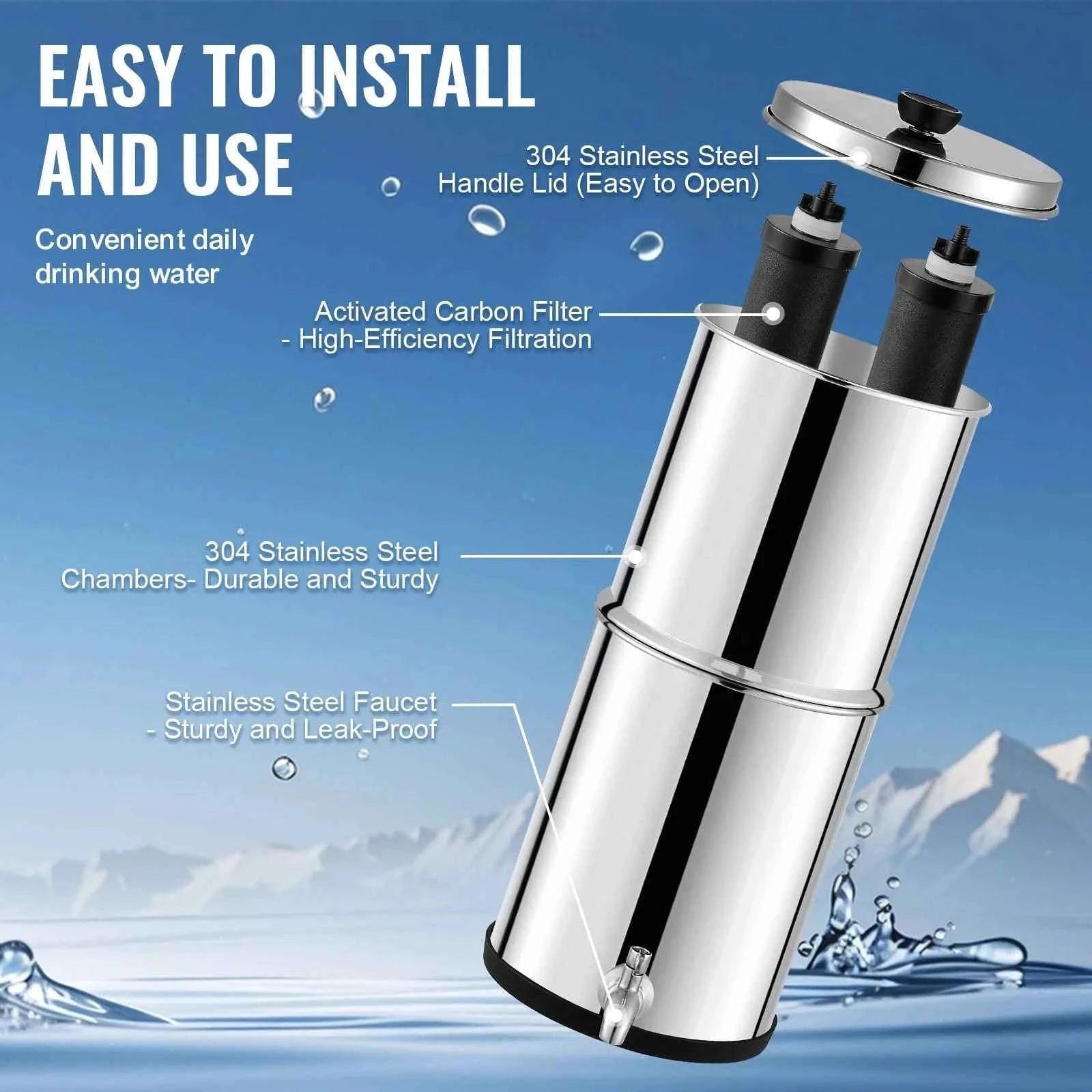 Gravity-Fed Stainless Steel Water Filter System with 2 Carbon Filters-2.25 gallon / france