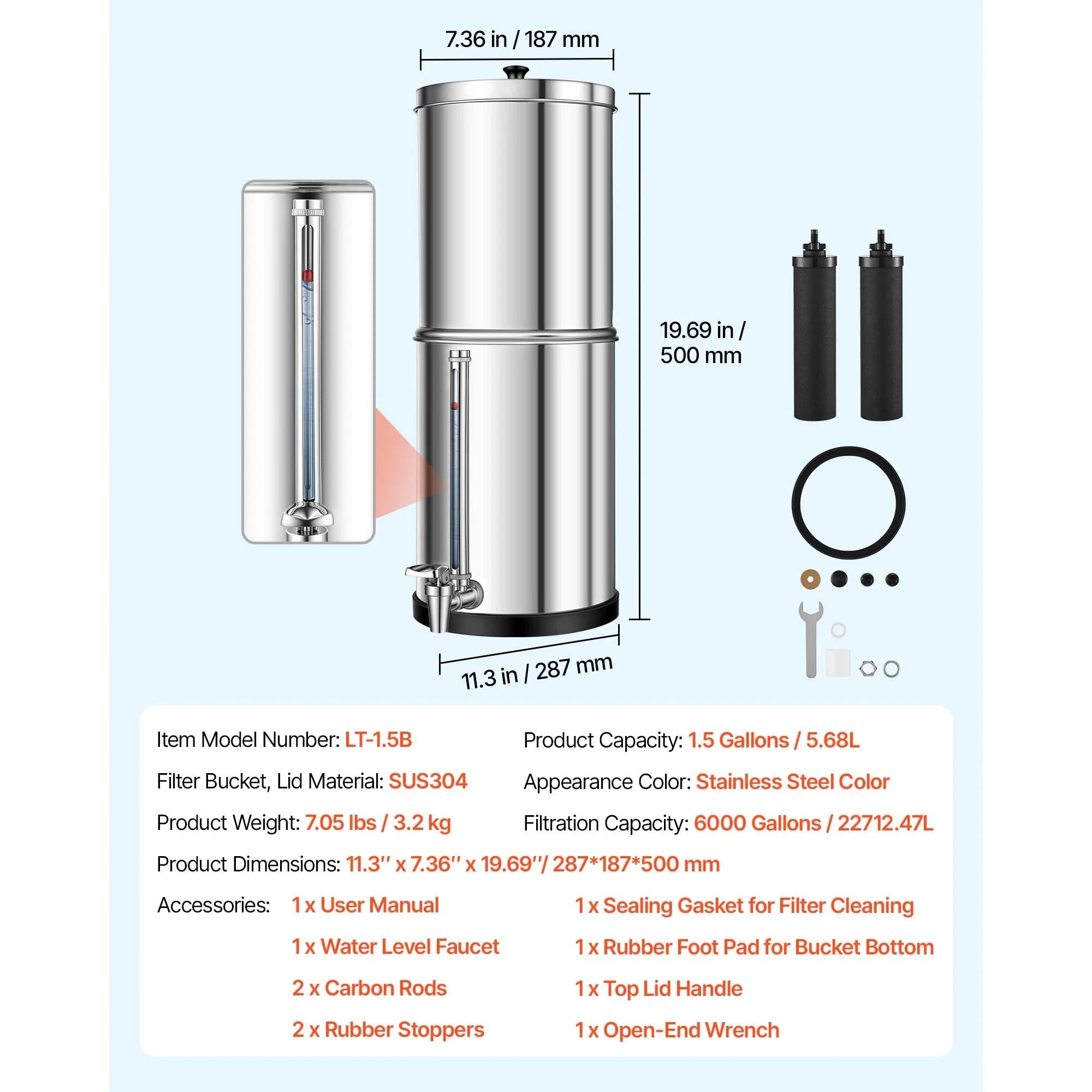 Gravity-Fed Water Filter System with 2 Carbon Filters-3gal / United States