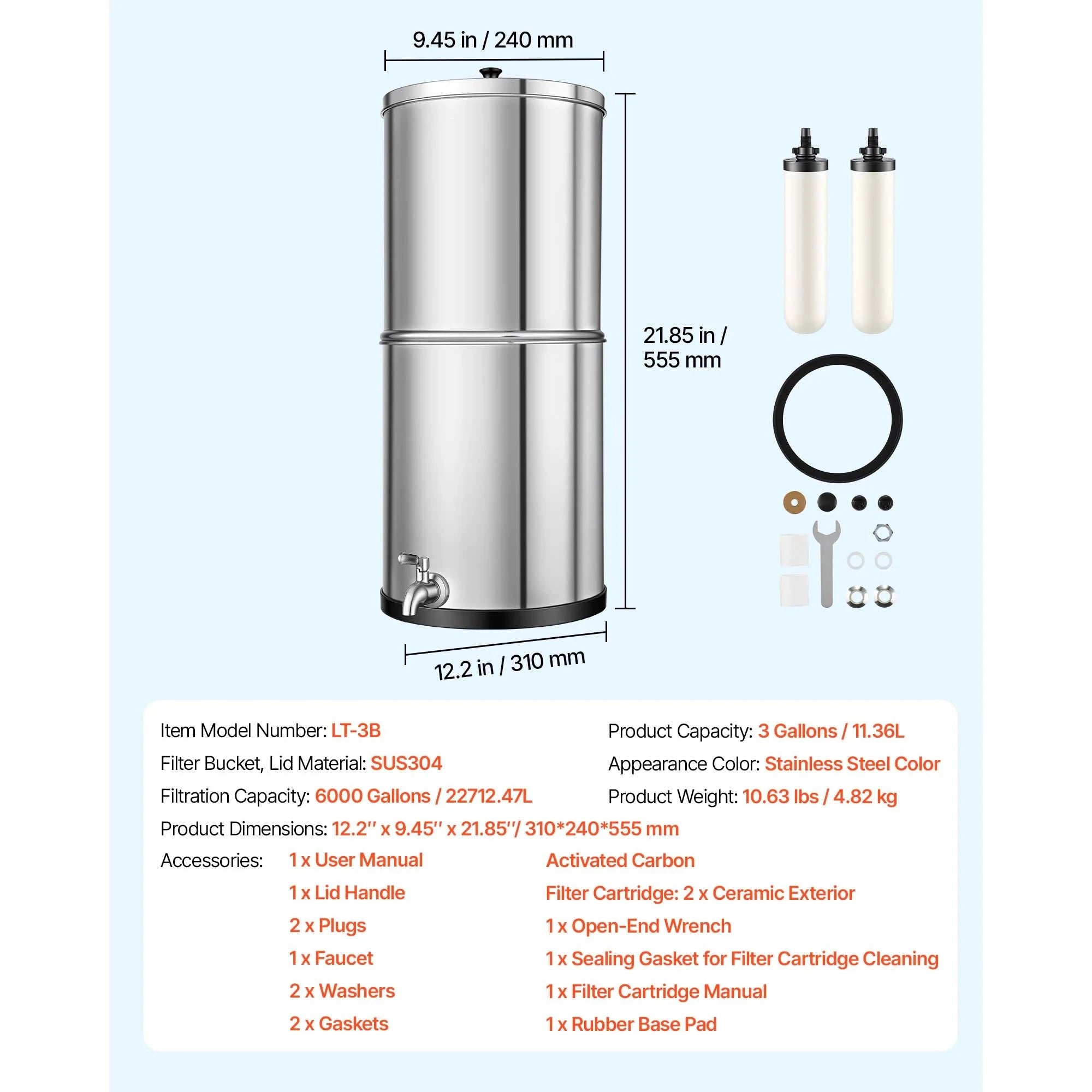 Gravity-Fed Water Filter System with 2 Carbon Filters-3gal / United States