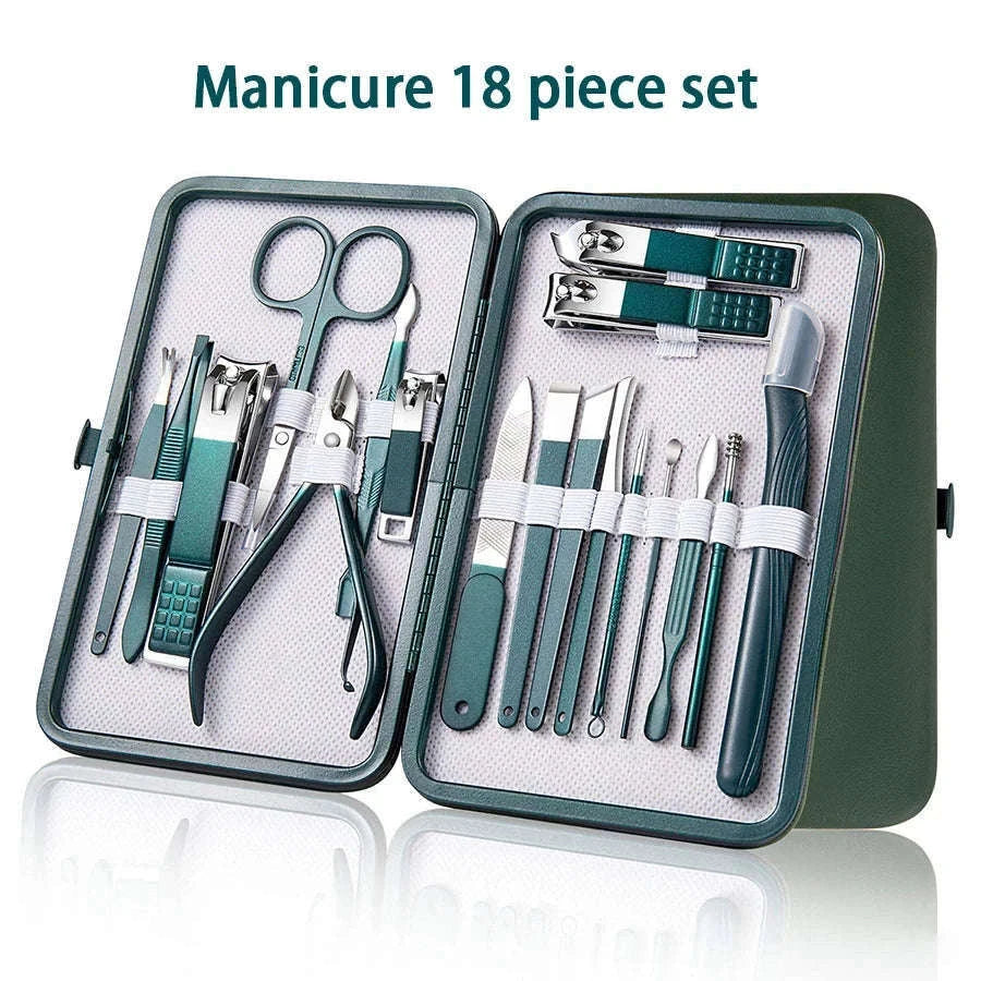 Green Manicure Set with Leather Case for Daily Grooming-18pcs set