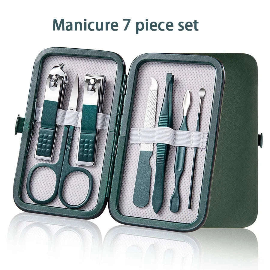 Green Manicure Set with Leather Case for Daily Grooming-18pcs set