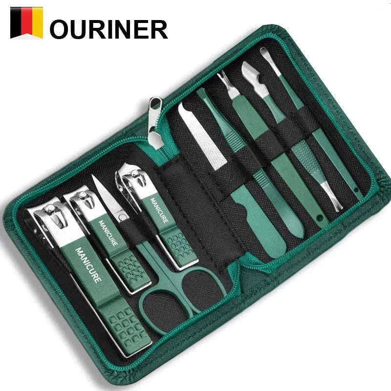 Green Manicure Set with Leather Case for Daily Grooming-18pcs set
