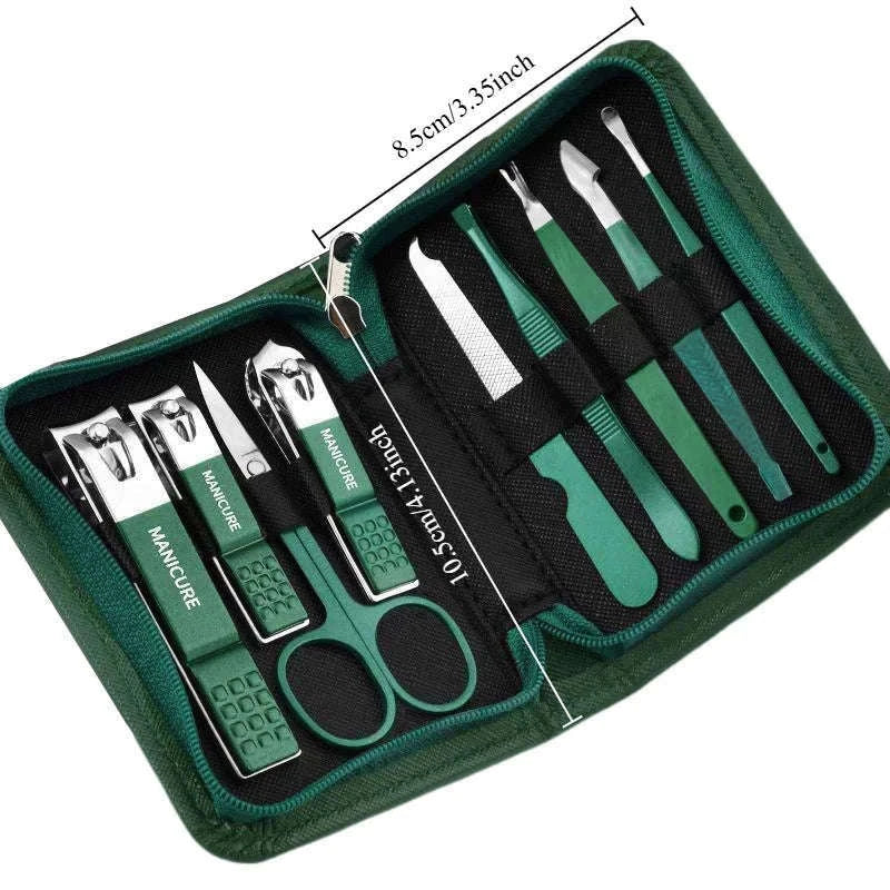 Green Manicure Set with Leather Case for Daily Grooming-18pcs set