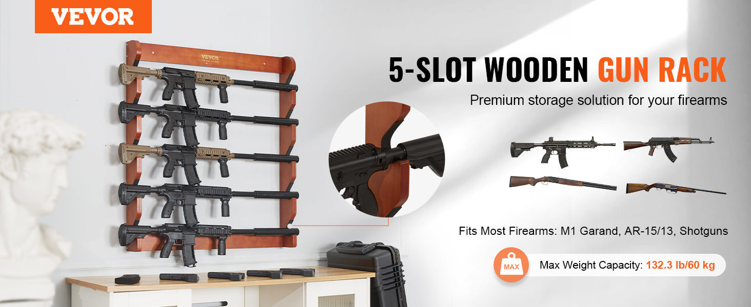 Wall Mounted Wooden Gun Rack with 5 Slots & 132 lb Capacity