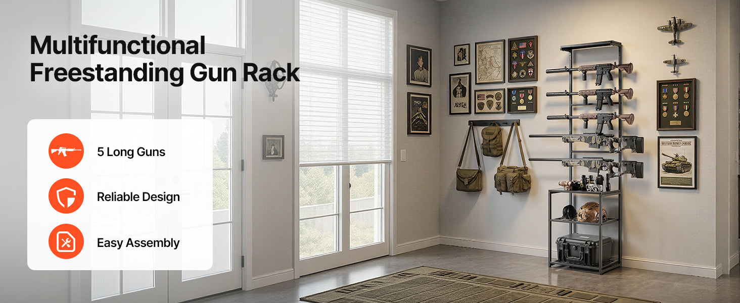 Supporto per fucili Gun Rack da terra, da interno, porta fucili a ripiani con spazio di stoccaggio per espositore a parete, supporto per garage