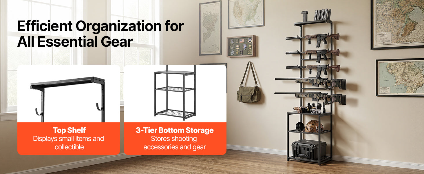 Supporto per fucili Gun Rack da terra, da interno, porta fucili a ripiani con spazio di stoccaggio per espositore a parete, supporto per garage