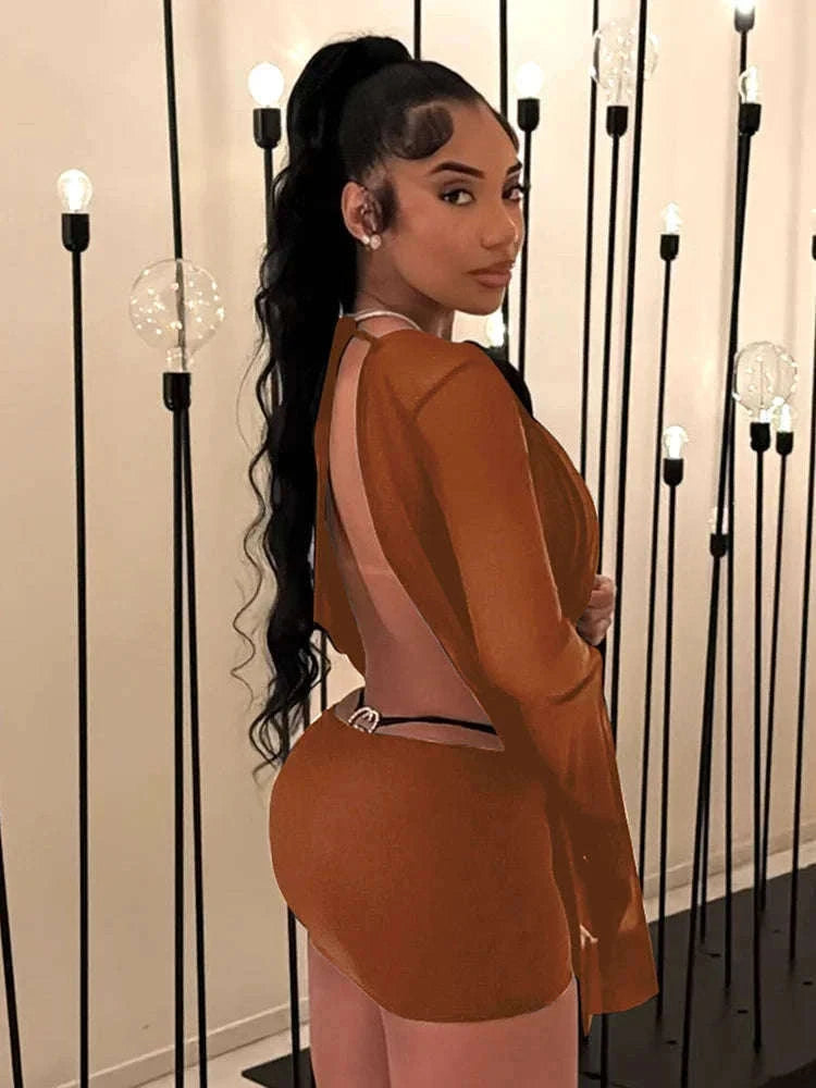 Halter Backless Sheer Mini Dress with Long Sleeves Bodycon Fit-Brown / M